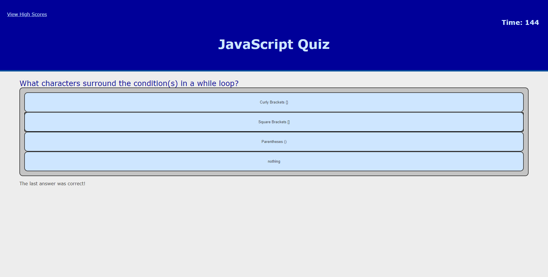 screenshot of JavaScript Quiz, mid-quiz