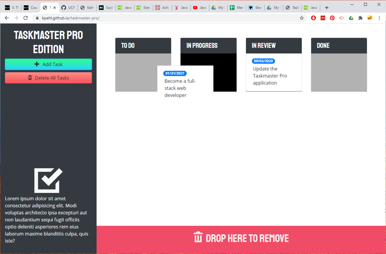 screenshot of task tracking application