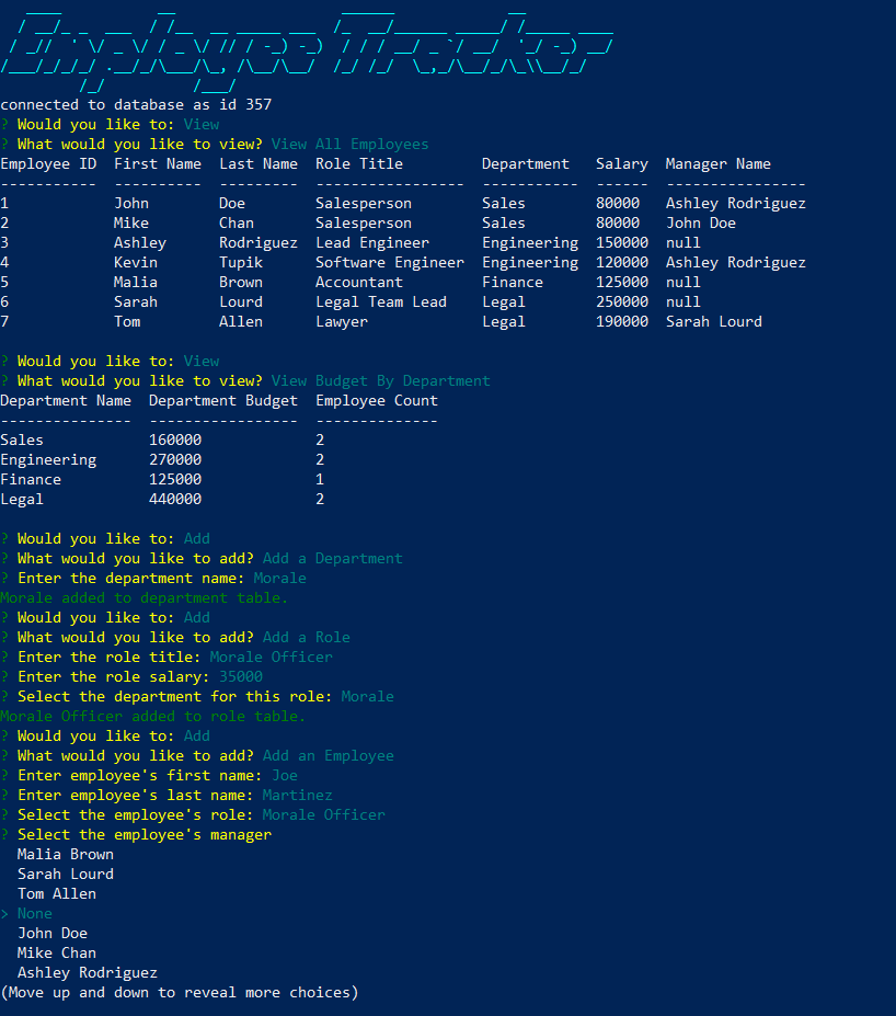 screenshot of employee tracker application
