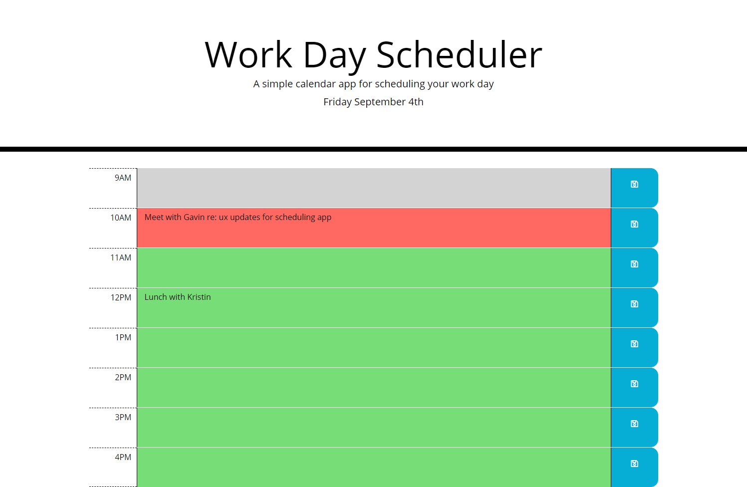 screenshot of daily schedule application